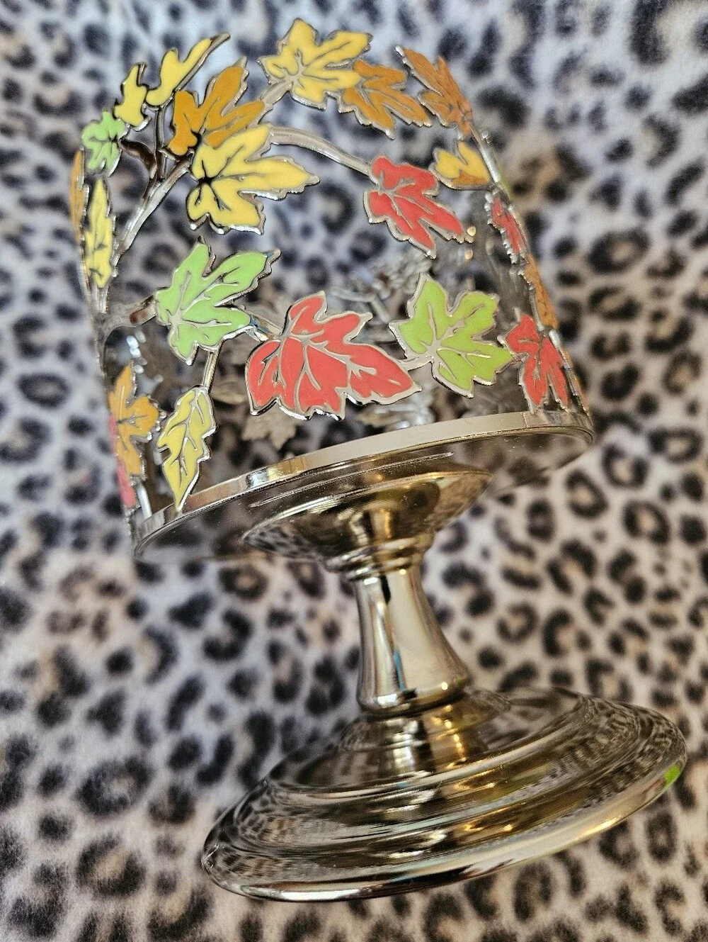 Bath & Body Works Gold Autumn Fall Maple Leaves 3-Wick Candle Pedestal Holder